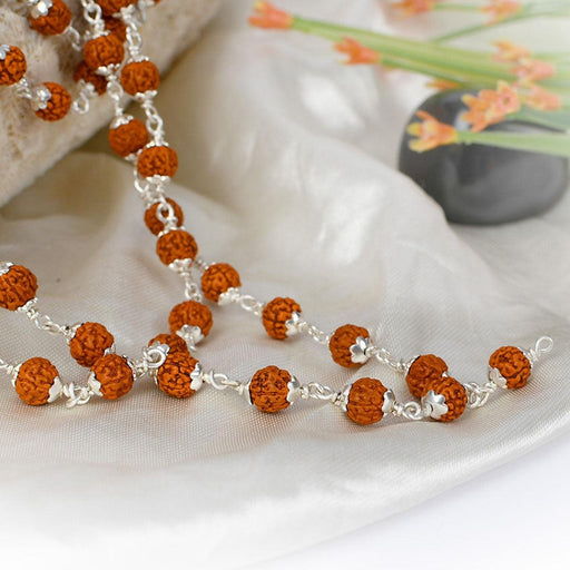 5 Mukhi Rudraksha mala in silver flower caps - Chikna Beads in India, UK, USA, All Country