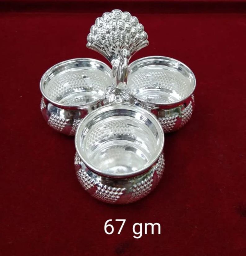 Small Size Silver Peacock Kumkum 3 Round Box for Haldi Kum Kum Karanda Kankavati, Temple Usage in India, UK, USA, All Country