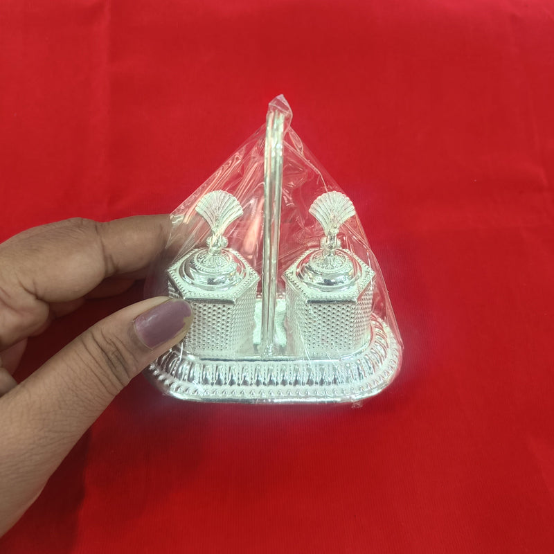 Silver Haldi-Kumkum Karanda / Kankavati with Handle for Home Mandir in India, UK, USA, All Country