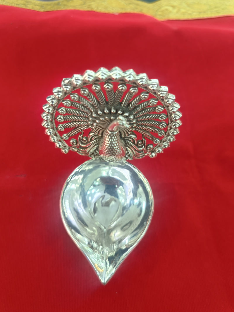 Sparkling Peacock Design Silver Diya for Home | Office Use | Gifting in India, UK, USA, All Country