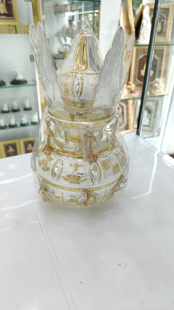Pure Silver Golden Plating Kalash with Naryal with Leafs Set - 1 in India, UK, USA, All Country