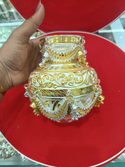 Pure Silver Golden Plating Kalash with Naryal with Leafs Set - 1 in India, UK, USA, All Country