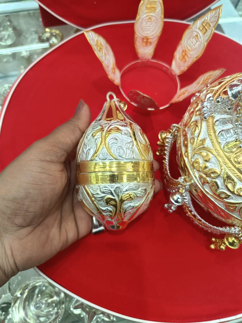 Pure Silver Golden Plating Kalash with Naryal with Leafs Set - 1 in India, UK, USA, All Country