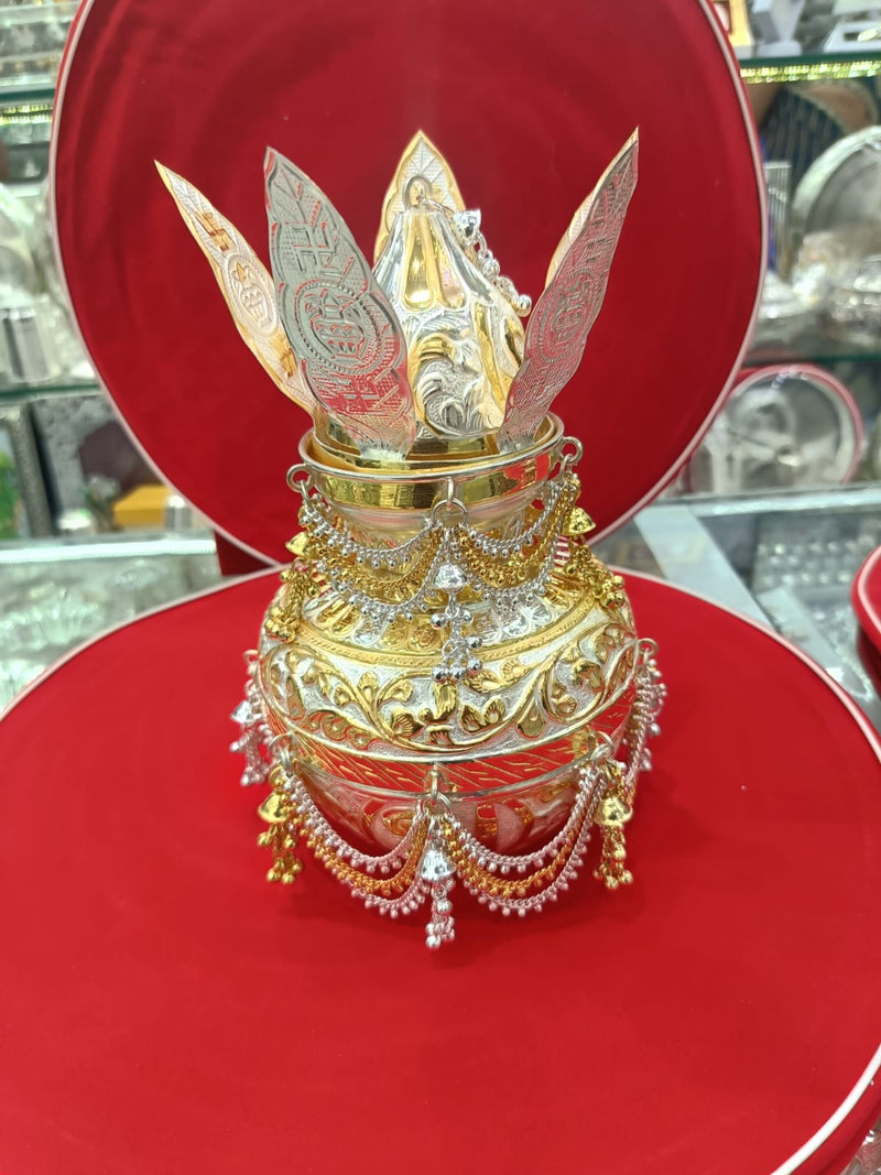 Pure Silver Golden Plating Kalash with Naryal with Leafs Set - 1 in India, UK, USA, All Country
