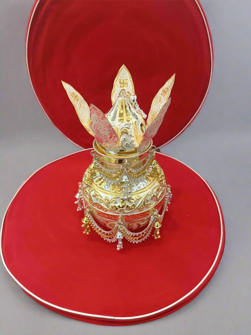 Pure Silver Golden Plating Kalash with Naryal with Leafs Set - 1 in India, UK, USA, All Country