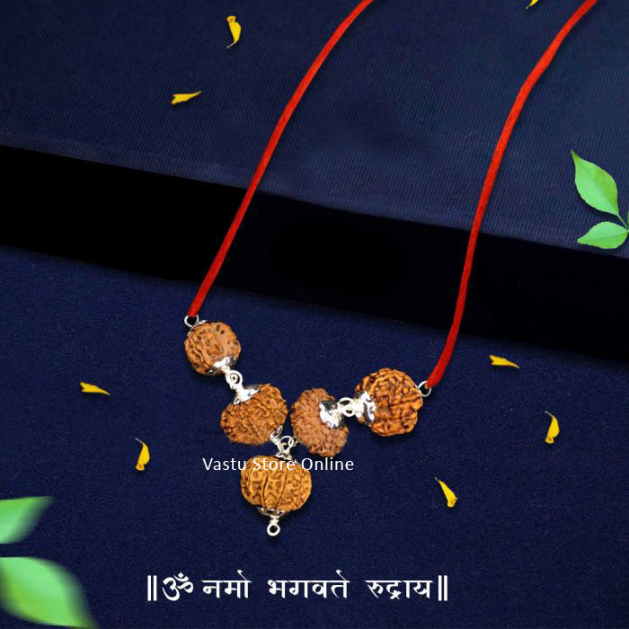 Nepali Rudraksha Combination for Health and Good Luck - 3, 3, 5, 5 Mukhi (faces) in Silver Pendant with Red Thread, Lab Certified in India, UK, USA, All Country