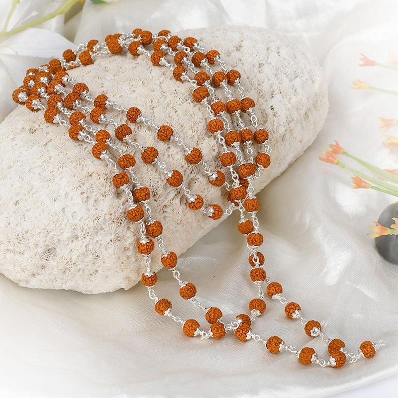 5 Mukhi Rudraksha mala in silver flower caps - Chikna Beads in India, UK, USA, All Country