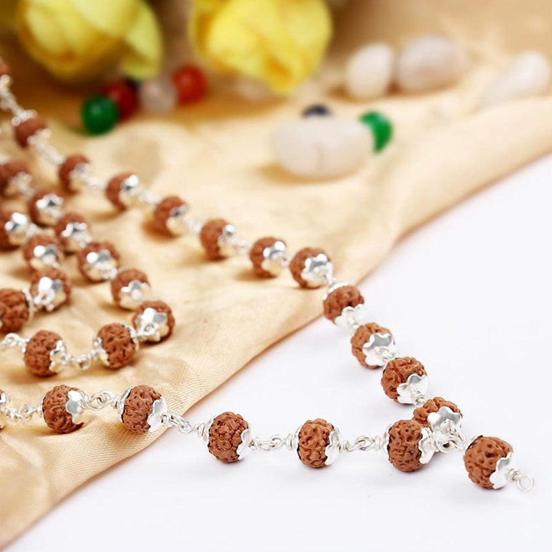 5 Mukhi Rudraksha mala in silver flower caps - Chikna Beads - 8 mm in India, UK, USA, All Country