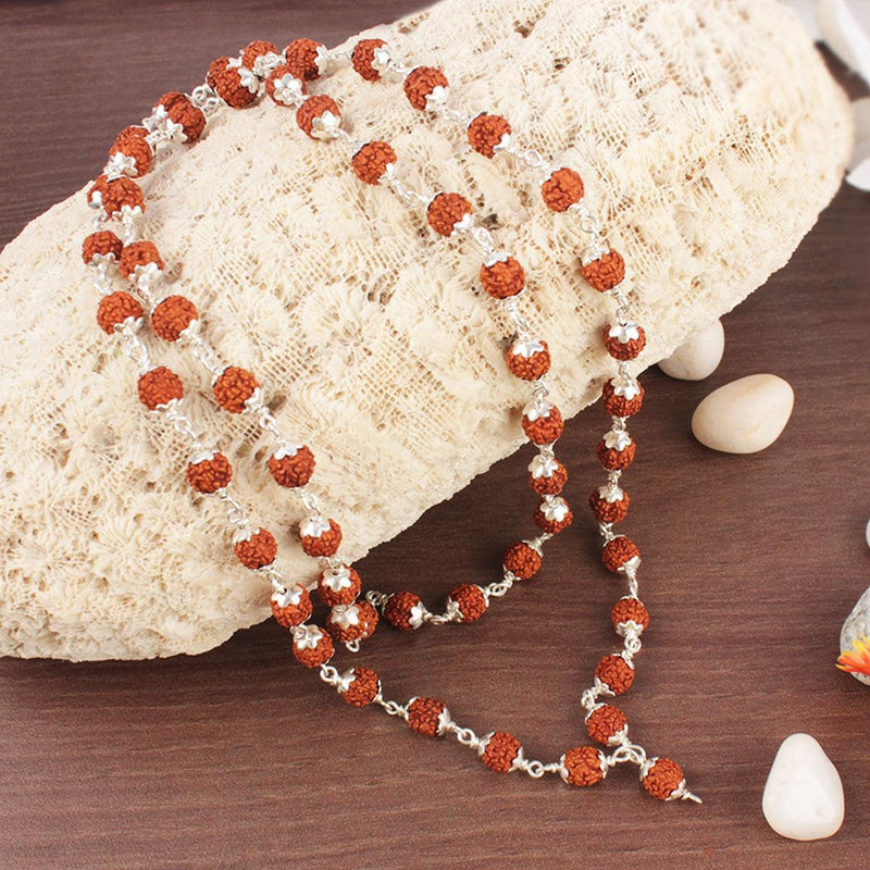 Rudraksha mala in silver flower caps in India, UK, USA, All Country