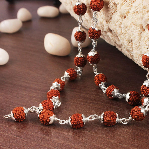 Rudraksha mala in silver flower caps in India, UK, USA, All Country