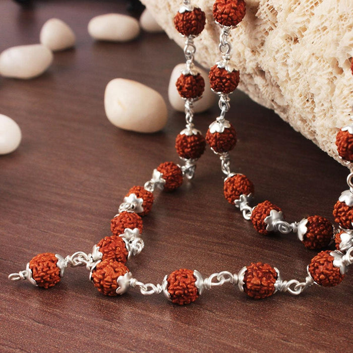 Rudraksha mala in silver flower caps in India, UK, USA, All Country