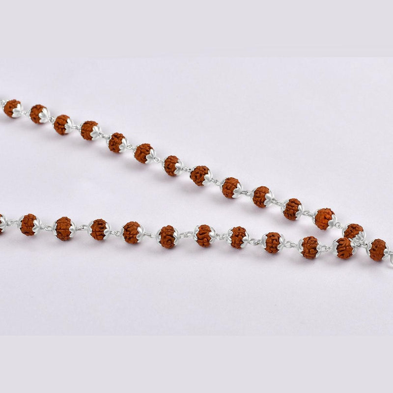 Rudraksha mala in silver wire with flower caps in India, UK, USA, All Country