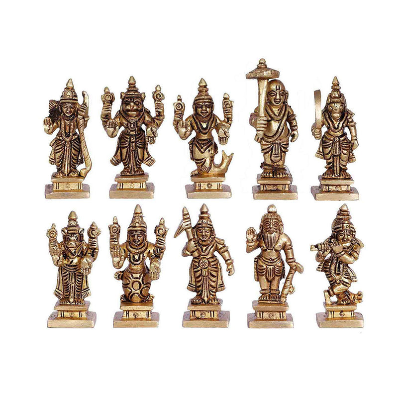 Brass Dashavatara Dasavatharam of Lord Vishnu Statues Ten Incarnations Avatars Idol Murti for Mandir Puja Temple in India, UK, USA, All Country