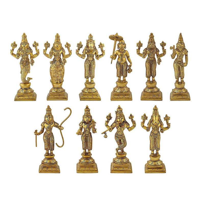 Brass Dashavatara of Lord Vishnu Statues Ten Incarnations Avatars Idol Murti for Mandir Puja Temple in India, UK, USA, All Country