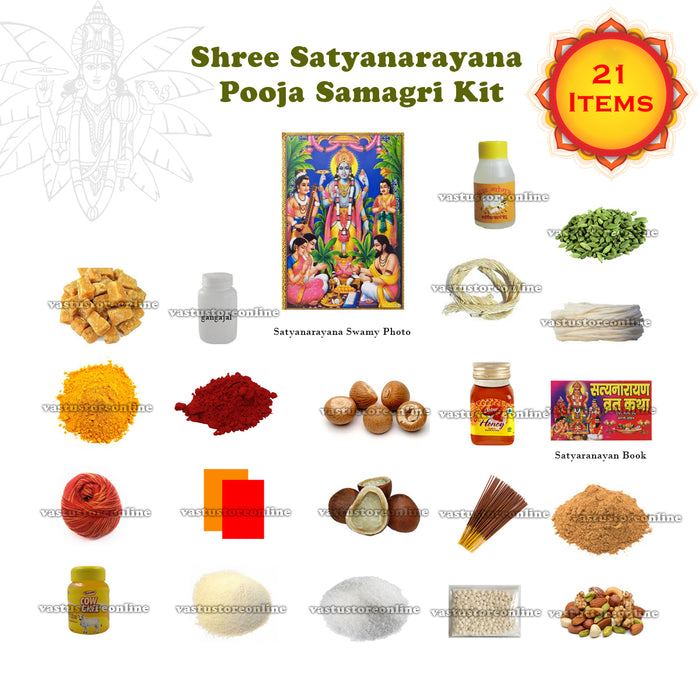 Sri Satyanarayana Swamy Vratham Pooja Samagri Kit, Contains 21 Items Kit for Pooja, Temple, Gifting Purpose in India, UK, USA, All Country