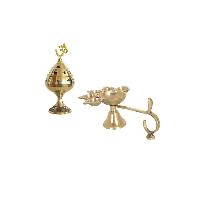 Combo Of 5 Face Brass Punch Mukhi Aarti Diya Jyoti Diya Oil Puja Lamp Puja Diya and Jali Akhand Jyoti Deep with Stand Brass in India, UK, USA, All Country