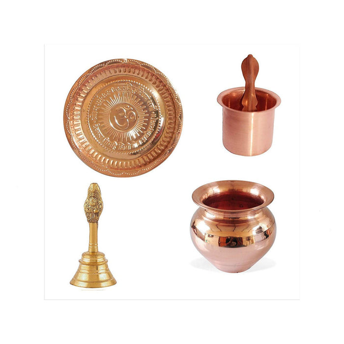 Combo of Copper Pooja Thali,Naksi Thali, Lota, Panch Patra with Pali and Brass Aarti Bell for Home, Office, Temple Total - 5 Pieces in India, UK, USA, All Country