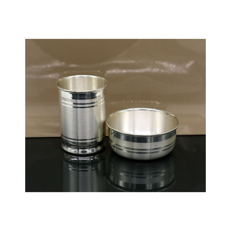 999 fine silver handmade small baby bowl and water glass set, silver tumbler, flask, silver vessels utensils in India, UK, USA, All Country