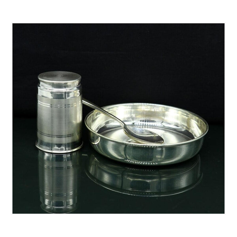 999 fine silver handmade small water/milk Glass tumbler, tray /plate baby kids silver cup & spoon utensils in India, UK, USA, All Country