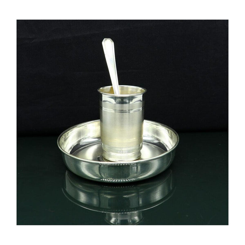 999 fine silver handmade small water/milk Glass tumbler, tray /plate baby kids silver cup & spoon utensils in India, UK, USA, All Country