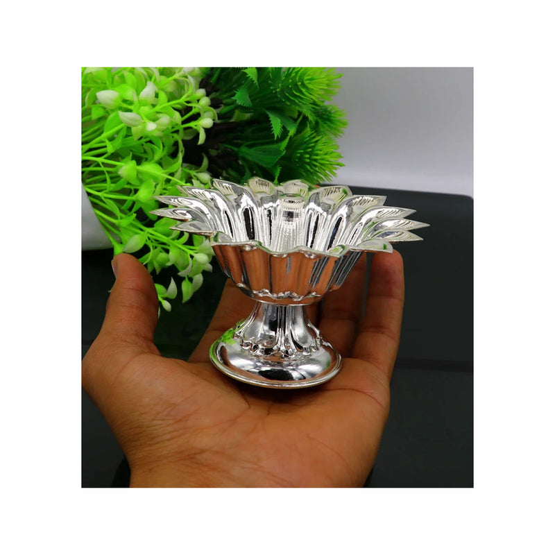Flower shape oil lamp, silver home temple utensils, silver diya, deepak, silver vessels in India, UK, USA, All Country