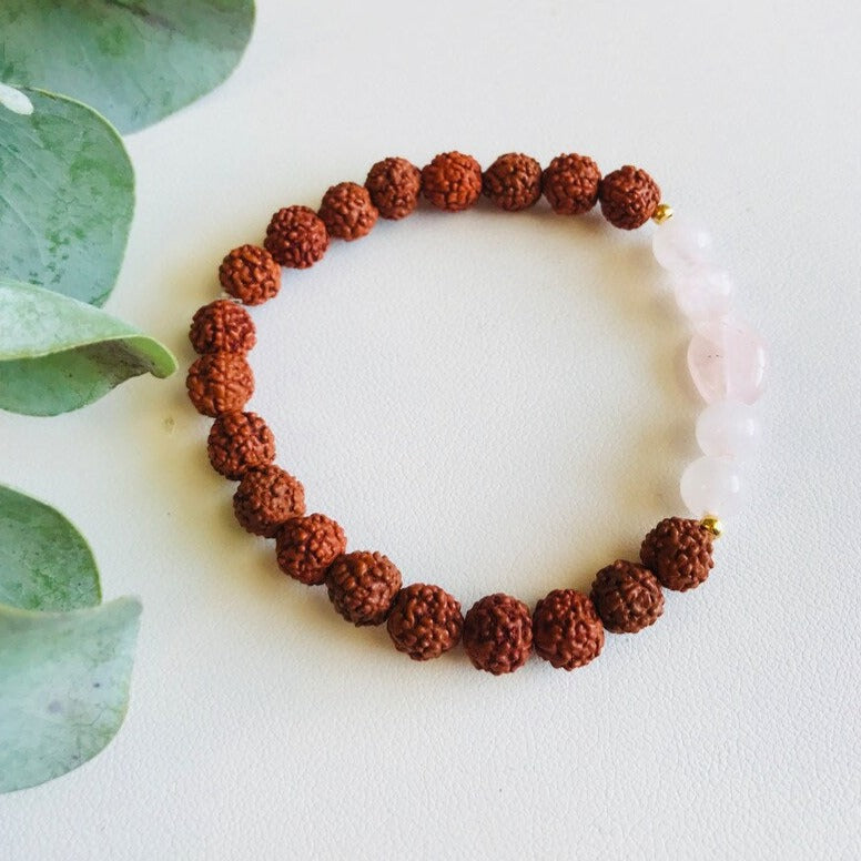 Rose Quartz and Rudraksha Seed Bracelet, Meditation Bracelet, Crystal Jewelry, Spiritual Gift in India, UK, USA, All Country