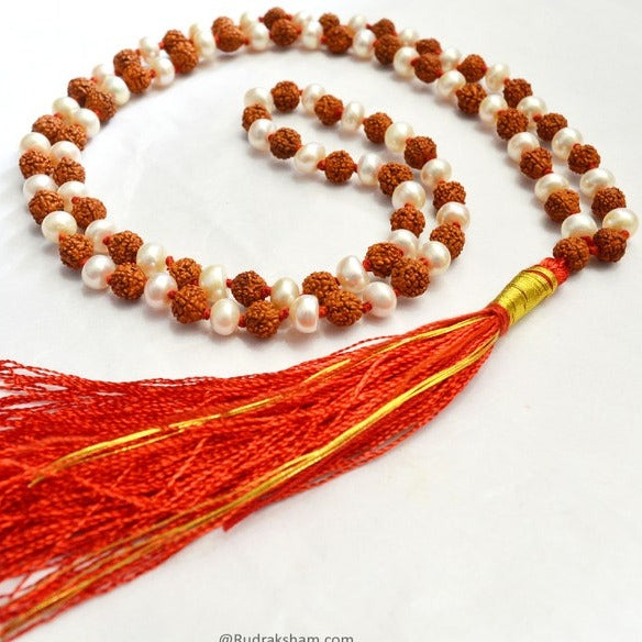 Pearl Moti with 5 Mukhi Rudraksha mala with 108 beads in Red thread in India, UK, USA, All Country