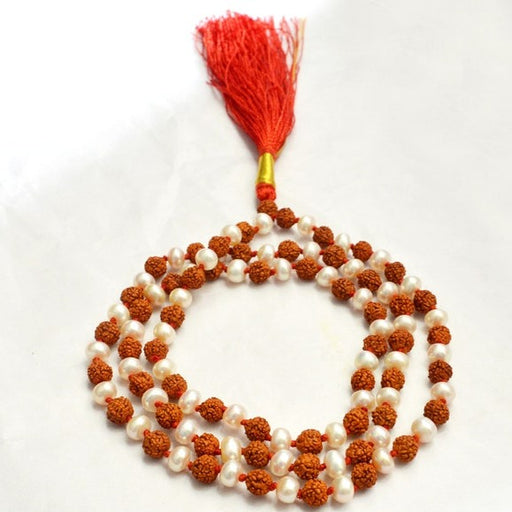 Pearl Moti with 5 Mukhi Rudraksha mala with 108 beads in Red thread in India, UK, USA, All Country