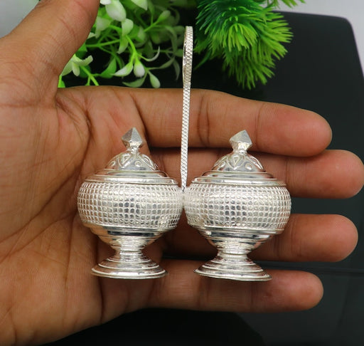 Design sterling silver excellent kumkum/ sindur, sandal, saffron tilak box, brides gift or puja utensils in India, UK, USA, All Country