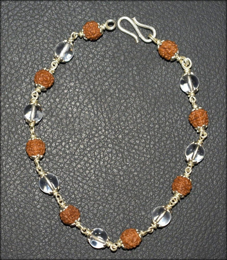 5 Face Rudraksha and Sphatik Bracelet In Pure Silver / Crystal Rudraksha Wrist Bracelet with S Hock in India, UK, USA, All Country