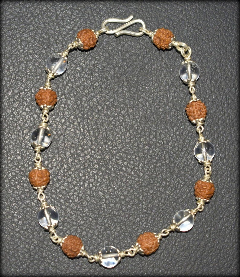 5 Face Rudraksha and Sphatik Bracelet In Pure Silver / Crystal Rudraksha Wrist Bracelet with S Hock in India, UK, USA, All Country