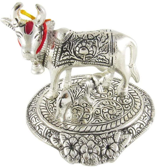 Oxidized Silver Plated Cow and Calf Idol for Home Decor, Kamdhenu Cow and Calf Statue for Gift in India, UK, USA, All Country