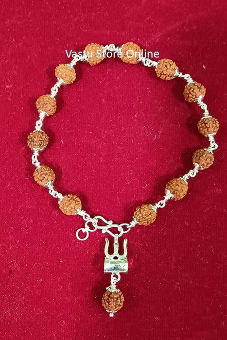Fine Silver Trishul Damru with 5 Mukhi Java Rudraksha Bracelet in Pure Silver, 5 Mukhi Rudraksha Bracelet in India, UK, USA, All Country