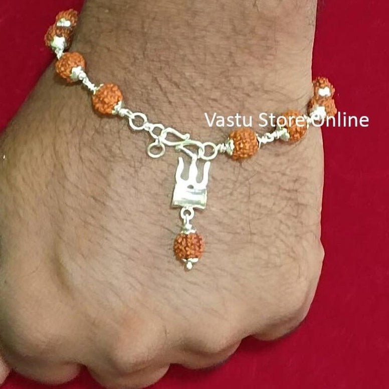 Fine Silver Trishul Damru with 5 Mukhi Java Rudraksha Bracelet in Pure Silver, 5 Mukhi Rudraksha Bracelet in India, UK, USA, All Country