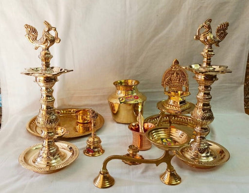 Brass Housewarming Set (Pooja Diya or Vilakku, Brass Pot, Kamatachi Oil Lamp, Brass plate, Ganesh and Lakshmi Idols) in India, UK, USA, All Country