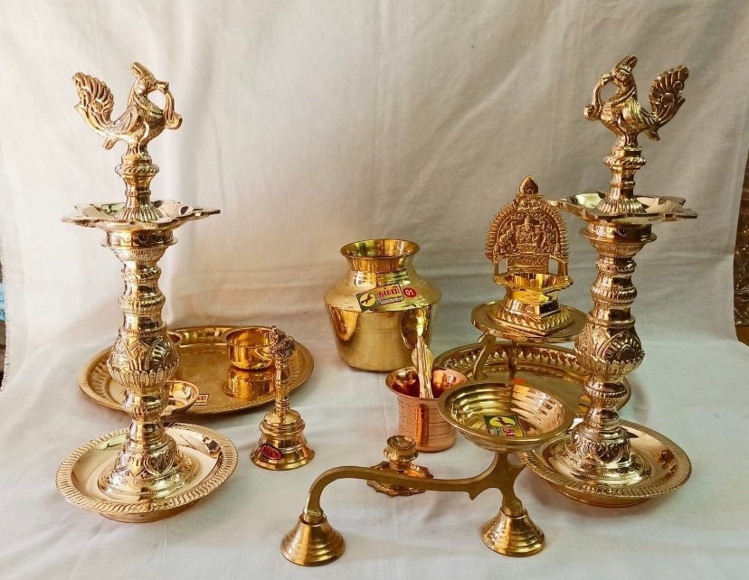 Brass Housewarming Set (Pooja Diya or Vilakku, Brass Pot, Kamatachi Oil  Lamp, Brass plate, Ganesh and Lakshmi Idols)