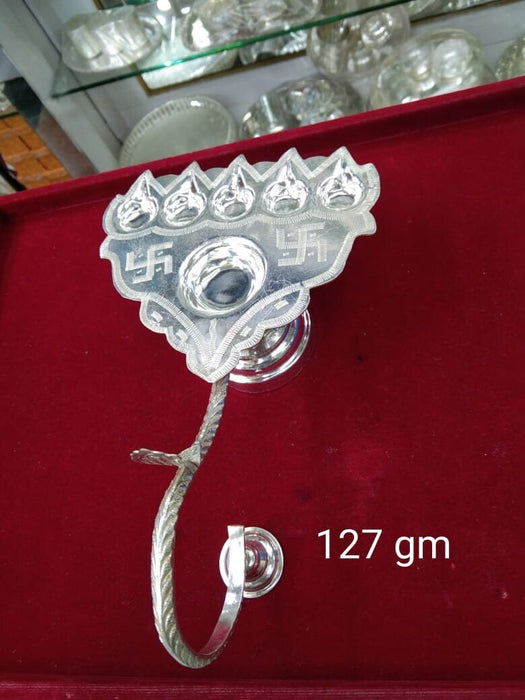 Paanch Aarti Oil Lamp in Pure Silver, Pure Silver Panch Aarti for Pooja Purpose and Gift Also, Silver 5 Face Aarti Stand Gift Items in India, UK, USA, All Country