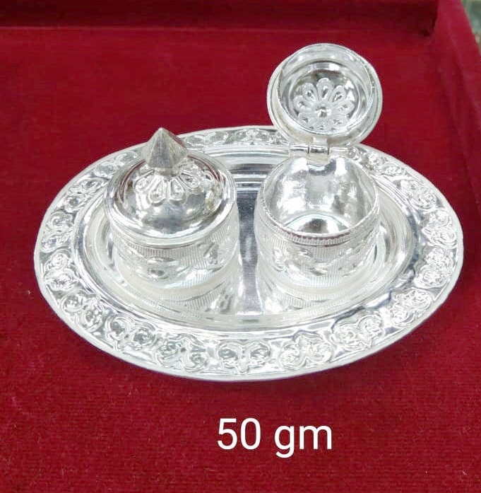 Small Size Pure Silver KumKum (Sindoor) Two Bowls with Thali Dish for Gifting, Personal Use and Pooja Usage in India, UK, USA, All Country