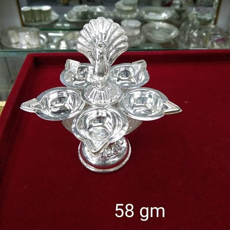 Pure Silver 5 Flame Diya with Peacock Design Showpiece on Top of Diya for Home Temple, Silver Gift Items, Silver Diya for Home Mandir in India, UK, USA, All Country