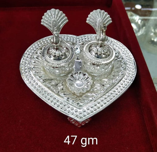 Heart Shaped Design Pure Silver 1 Set of Haldi/Kumkum Holder with Dish having Peacock Design, Silver Kumkum box, brides gift, puja utensils in India, UK, USA, All Country