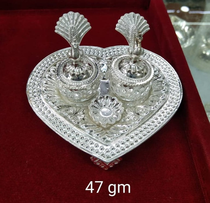 Heart Shaped Design Pure Silver Set of Haldi/Kumkum Holder with Dish having Peacock Design, Silver Kumkum box, brides gift, puja utensils