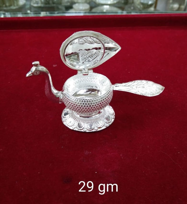 Small Size Sterling Silver Sindoor box, Kumkum Box, Holder/Bowl with Peacock Design for Pooja and Gifting, Temple Usage in India, UK, USA, All Country