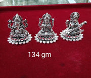 92.5% Antique Pure Silver Small Size Hollow Ganesh, Laxmi and Saraswati Goddess Idol for Home Mandir, Gifting and Temple Usage in India, UK, USA, All Country