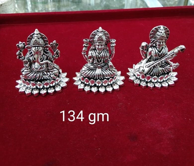 92.5% Antique Pure Silver Small Size Hollow Ganesh, Laxmi and Saraswati Goddess Idol for Home Mandir, Gifting and Temple Usage in India, UK, USA, All Country