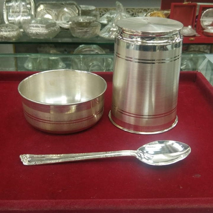 999 pure silver combo bowl and Water/milk tumbler, silver vessel, silver baby utensils, silver puja article, puja gifting utensils in India, UK, USA, All Country