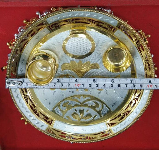 Pure Silver Gold Plated Handmade Fancy Designer - 8 Inch Thali Set with Small Bowl, Oval Shape Sindoor Dabbi and Small kalash (Loti) in India, UK, USA, All Country