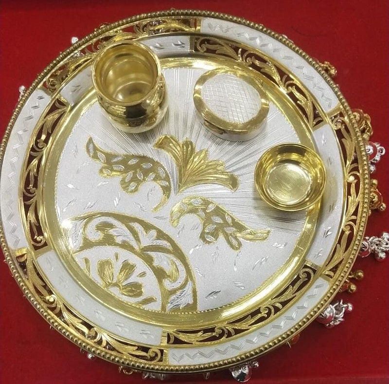 Pure Silver Gold Plated Handmade Fancy Designer - 8 Inch Thali Set with Small Bowl, Oval Shape Sindoor Dabbi and Small kalash (Loti) in India, UK, USA, All Country