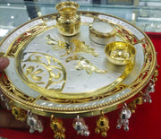 Pure Silver Gold Plated Handmade Fancy Designer - 8 Inch Thali Set with Small Bowl, Oval Shape Sindoor Dabbi and Small kalash (Loti) in India, UK, USA, All Country