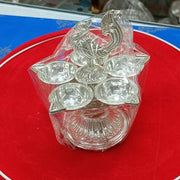 Pure Silver 5 Flame Diya with Peacock Design Showpiece on Top of Diya for Home Temple, Silver Gift Items, Silver Diya for Home Mandir - 75 Gram in India, UK, USA, All Country