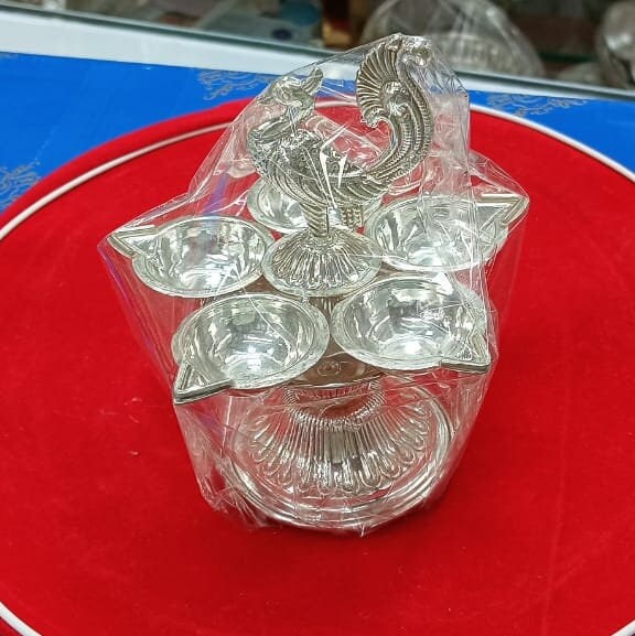 Pure Silver 5 Flame Diya with Peacock Design Showpiece on Top of Diya for Home Temple, Silver Gift Items, Silver Diya for Home Mandir - 75 Gram in India, UK, USA, All Country